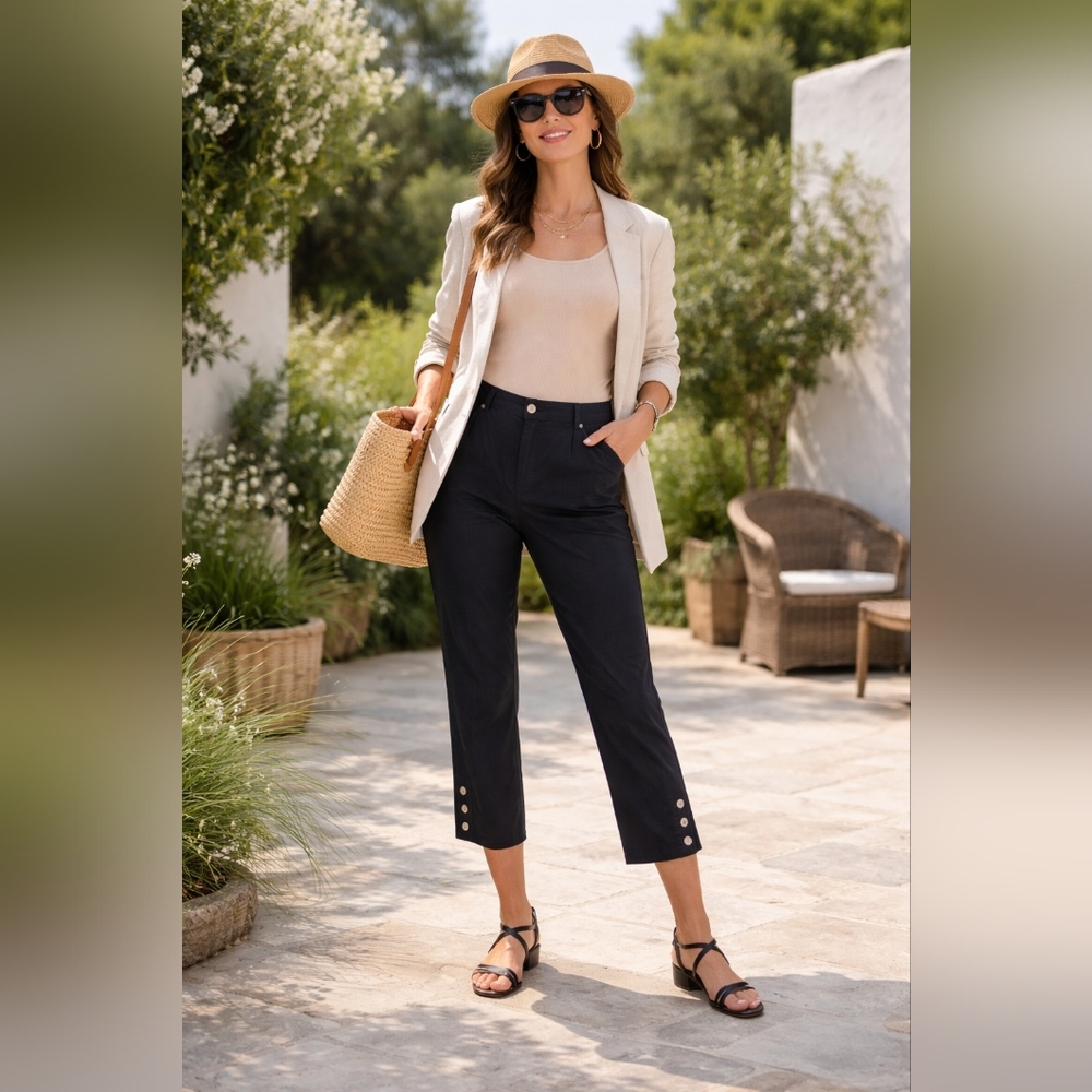 Lark Lane 12 Woman's Black Pants Ankle Length Strechy Waist With Silver Bottons